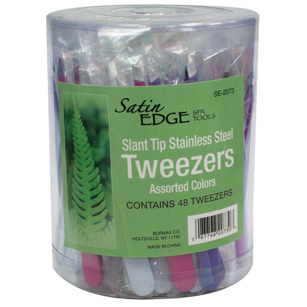 Satin Edge Slant Tip Stainless Steel Tweezers, 48 Piece Container