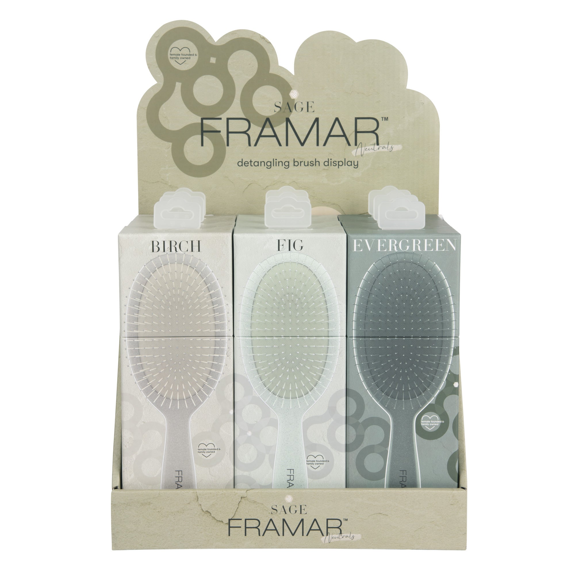 HAIR BRUSHES: 9 Pc Sage Retail Detangle Brush Display