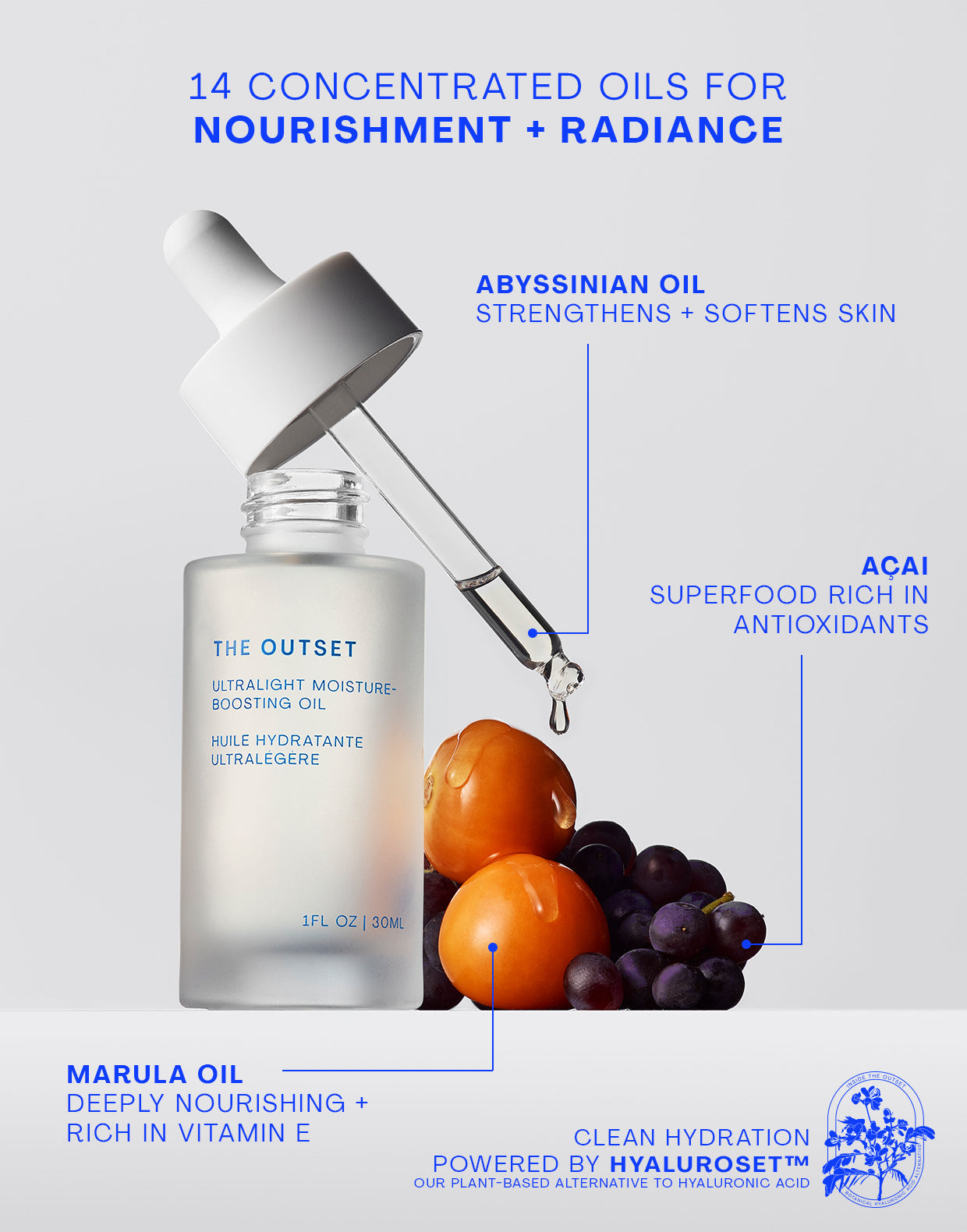 Photo of The Outset's ultralight moisture-boosting oil with ingredients and text; 14 concentrated oils for nourishment + radiance; abyssinian oil strengthens + softens skin; acai superfood rich in antioxidants ; marula oil deeply nourishing + rich in vitamin e; hyaluroset badge