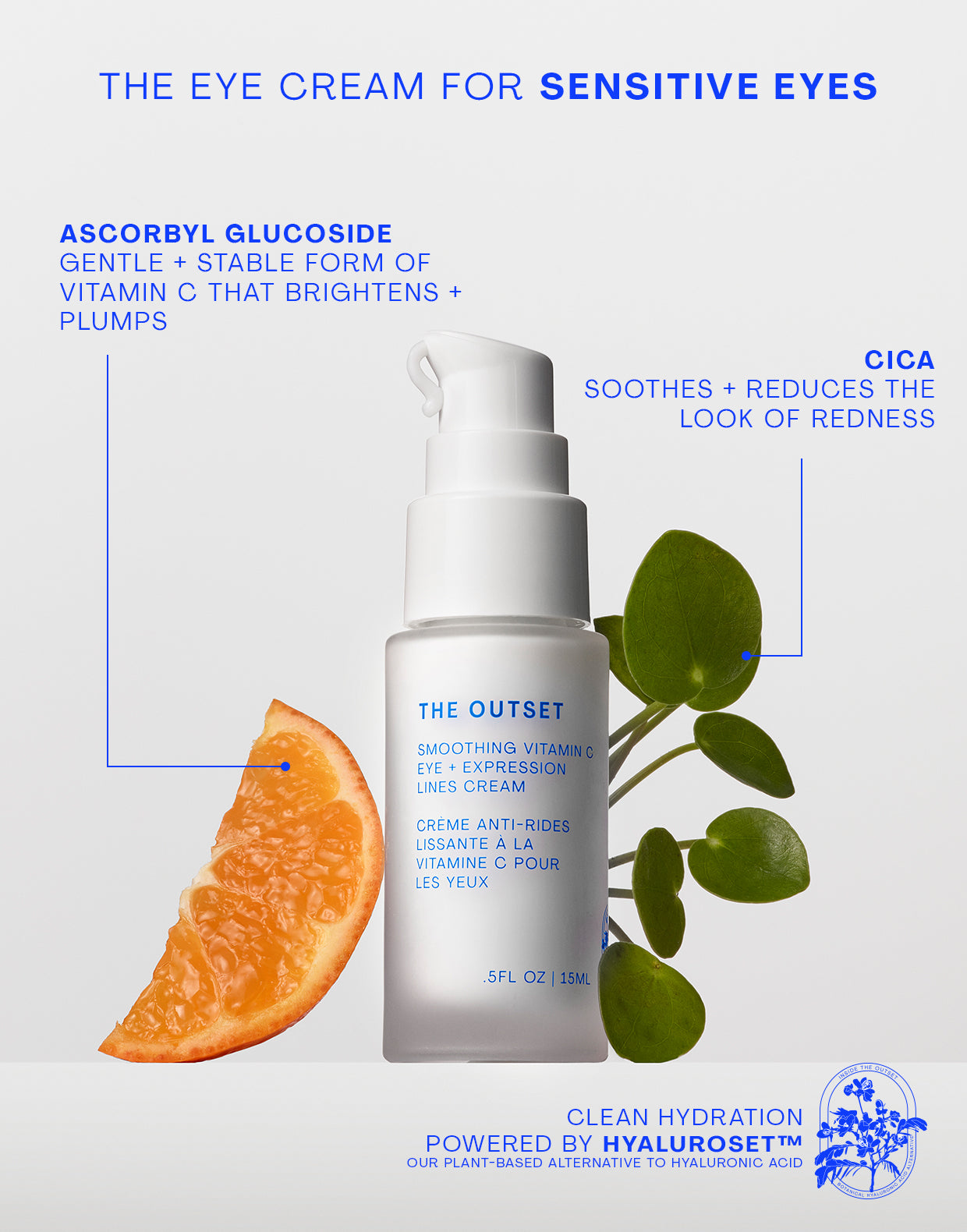 Photo of The Outset eye cream with ingredients; The eye cream for sensitive eyes; ascorbyl glucoside gentle + stable form of vitamin c that brightens + plumps; circa soothes + reduces the look of redness;  hyaluroset badge with text clean hydration powered by hyaluroset (TM), our plant-based alternative to hyaluronic acid