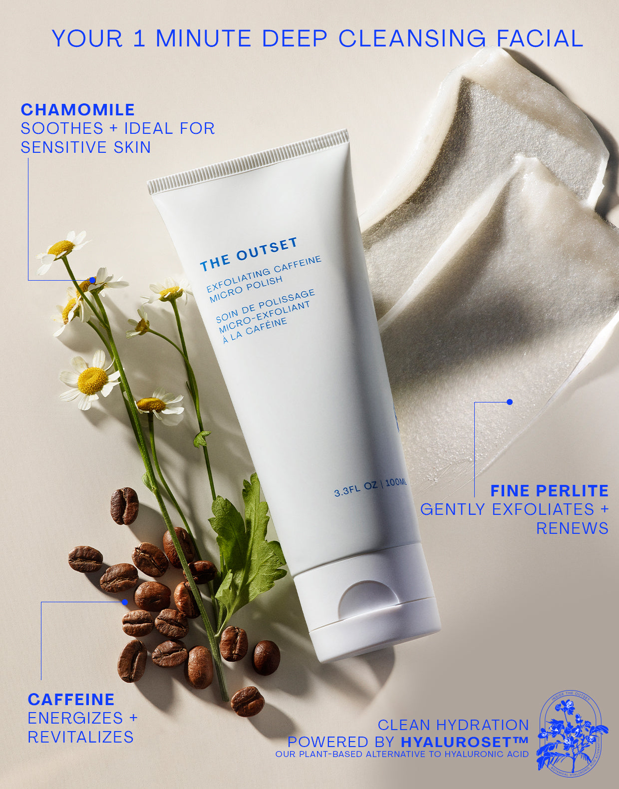 Photo of The Outset’s exfoliating caffeine micro polish with ingredients and info graphic; chamomile soothes + ideal for sensitive skin, fine perlite gently exfoliates + renews, caffeine energizes + revitalizes;  clean hydration powered by Hyaluroset(TM) our plant-based alternative to hyaluronic acid